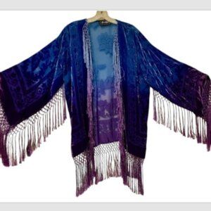 Blue & Purple Burnout Velvet Fringe Jacket Kimono short, hand dyed Maya Matazaro